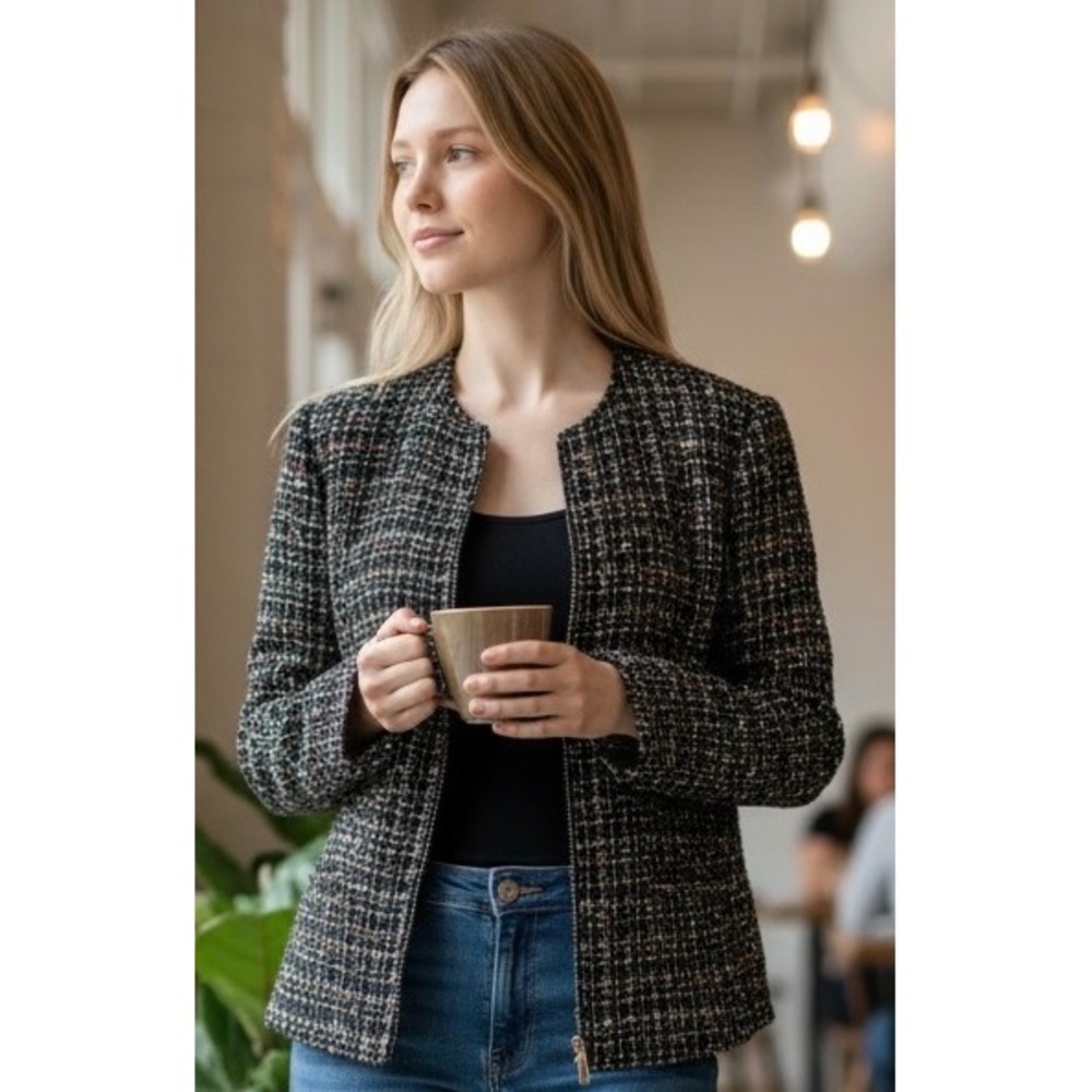 Sag Harbor Petite Black Multi Color Tweed Zip Front Jacket Blazer 10P H42069